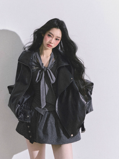 少也眼 Cool Girl American Biker PU Leather Jacket