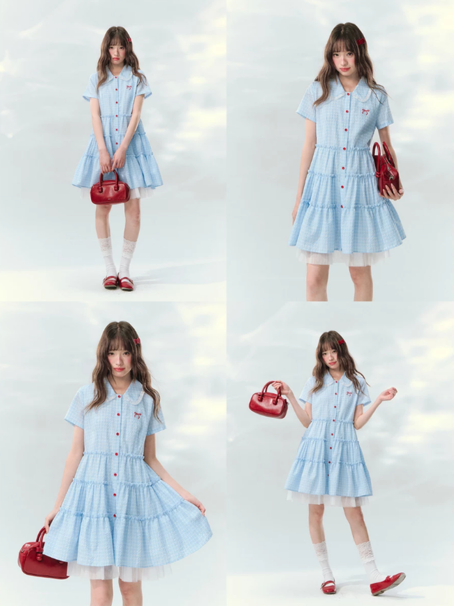 “Weaving Red Melody” Blue Plaid Tiered Ribbon Dress SJ2026125
