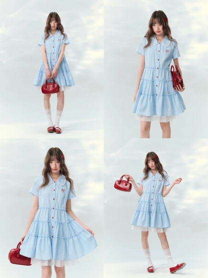 “Weaving Red Melody” Blue Plaid Tiered Ribbon Dress SJ2026125