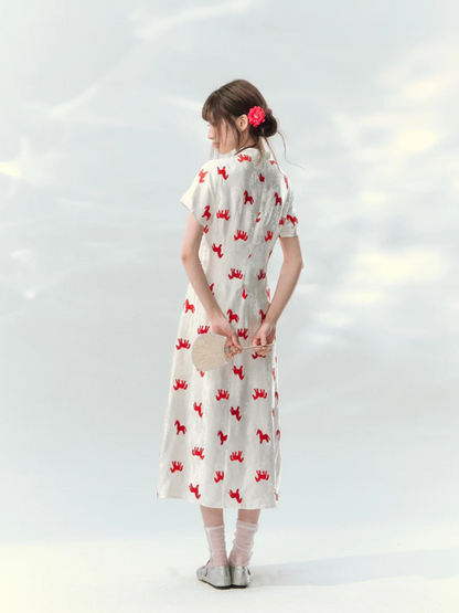 “Crimson Steed Reverie” Red Embroidered Cheongsam Dress LL2026165