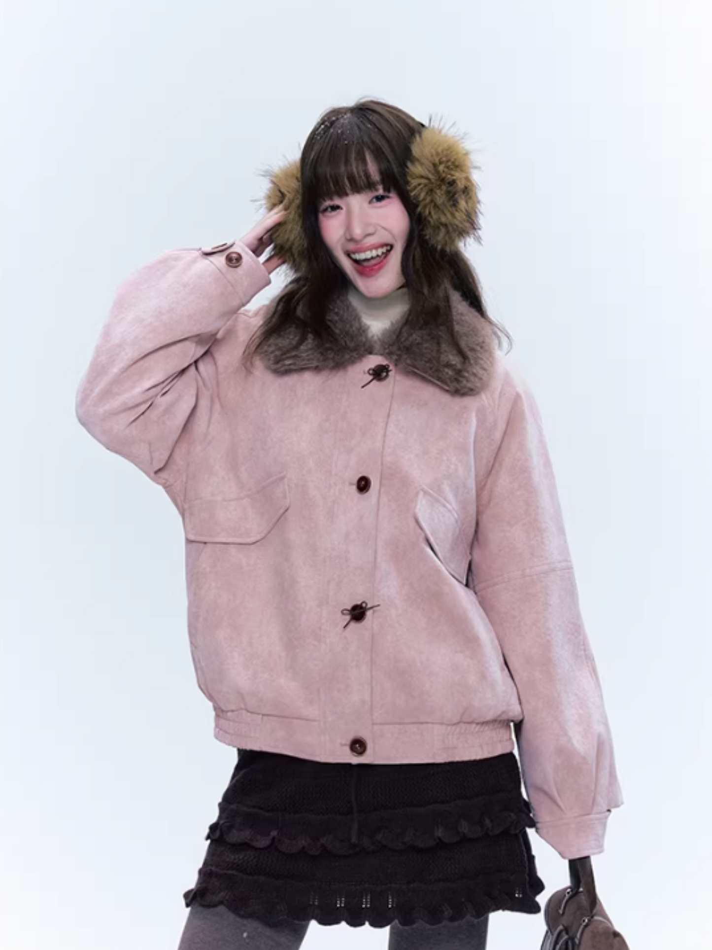 CREAMO2奶油氧气 - Peach Mist Detachable Fur-Collar Faux Suede Padded Jacket