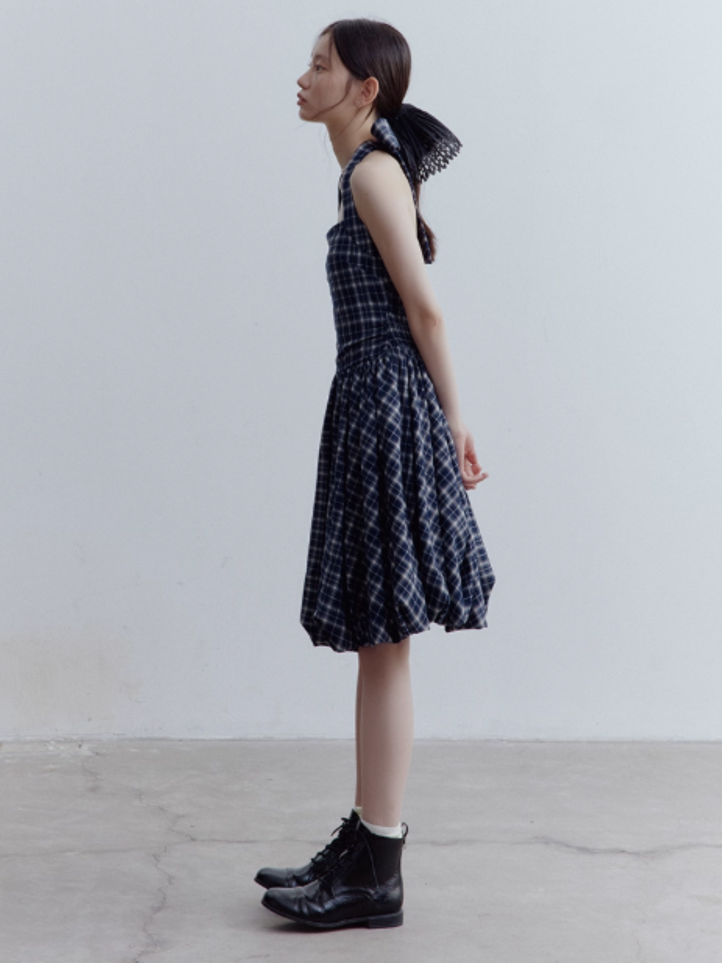FUSSED Blue Mood Gathered Halter Dress – Dark Night Scottish Plaid FOF-25SS154