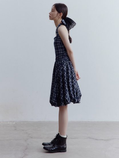 FUSSED Blue Mood Gathered Halter Dress – Dark Night Scottish Plaid FOF-25SS154