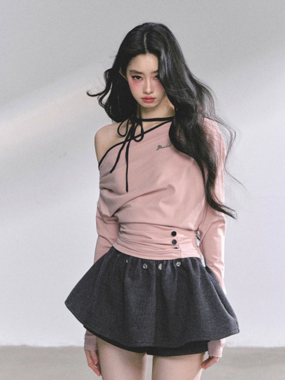 少也眼 K-pop Trainee Off-Shoulder Halter Long Sleeve Top (Pink)