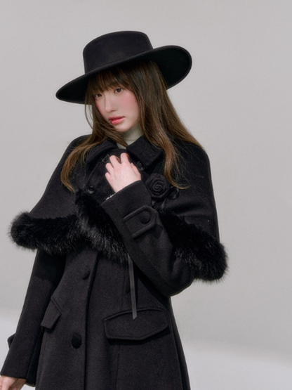"雪夜棋局" Double-Breasted Wool Coat – Black Tailored Cape with Optional Rose Brooch
