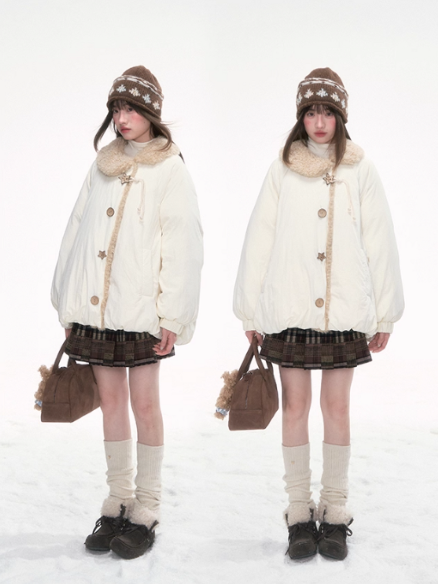 '绒间星轨' Puffer Jacket with Faux Fur Collar – Beige