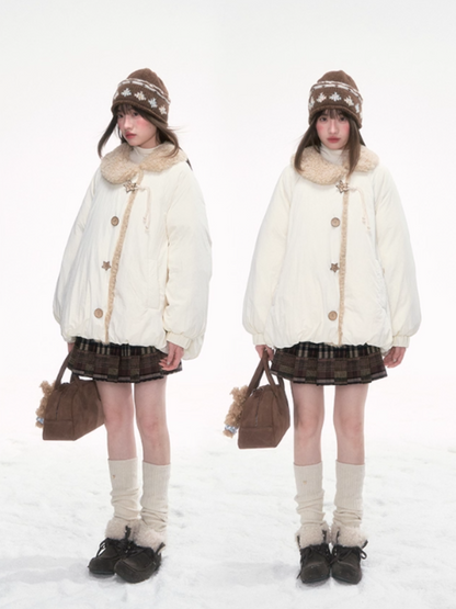 '绒间星轨' Puffer Jacket with Faux Fur Collar – Beige