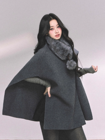少也眼 French-Inspired Double-Faced Wool Cape Coat – Gray