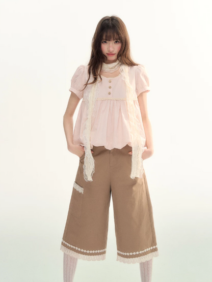 Soft Pink Lace Bubble Hem Blouse WW2026084