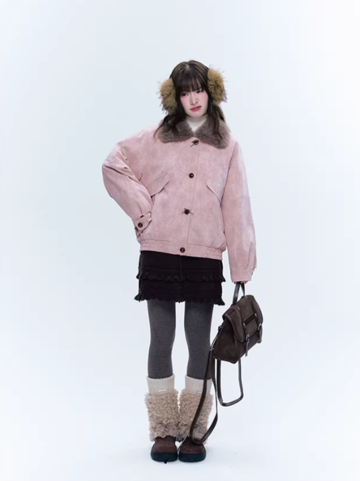 CREAMO2奶油氧气 - Peach Mist Detachable Fur-Collar Faux Suede Padded Jacket