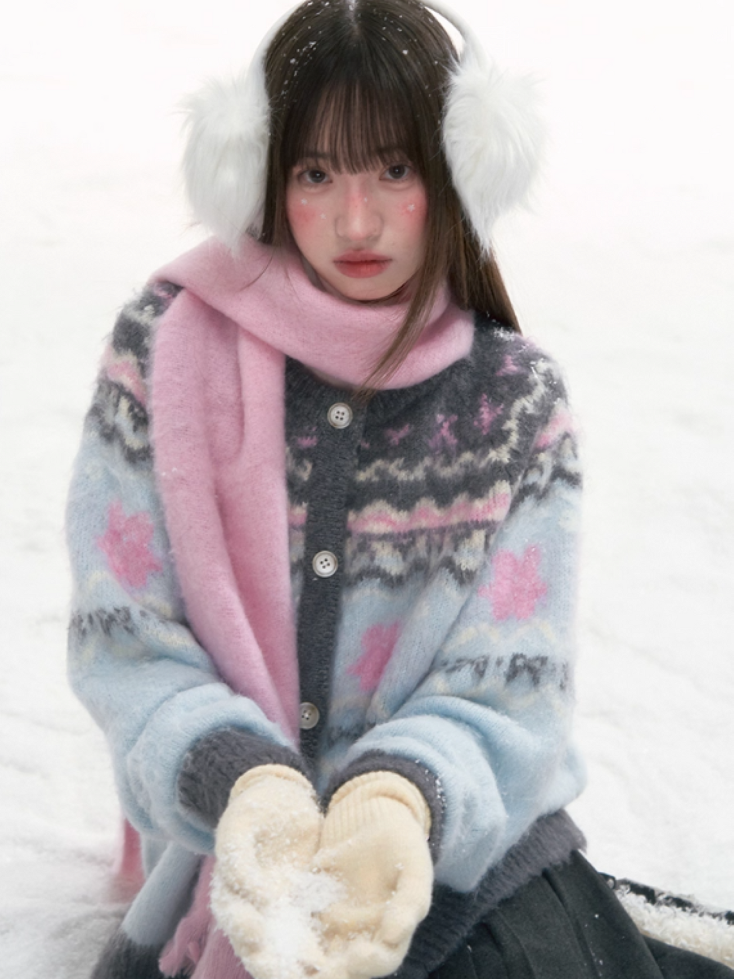 '甜梦蓝岛' Fair Isle Light Blue Knit Cardigan