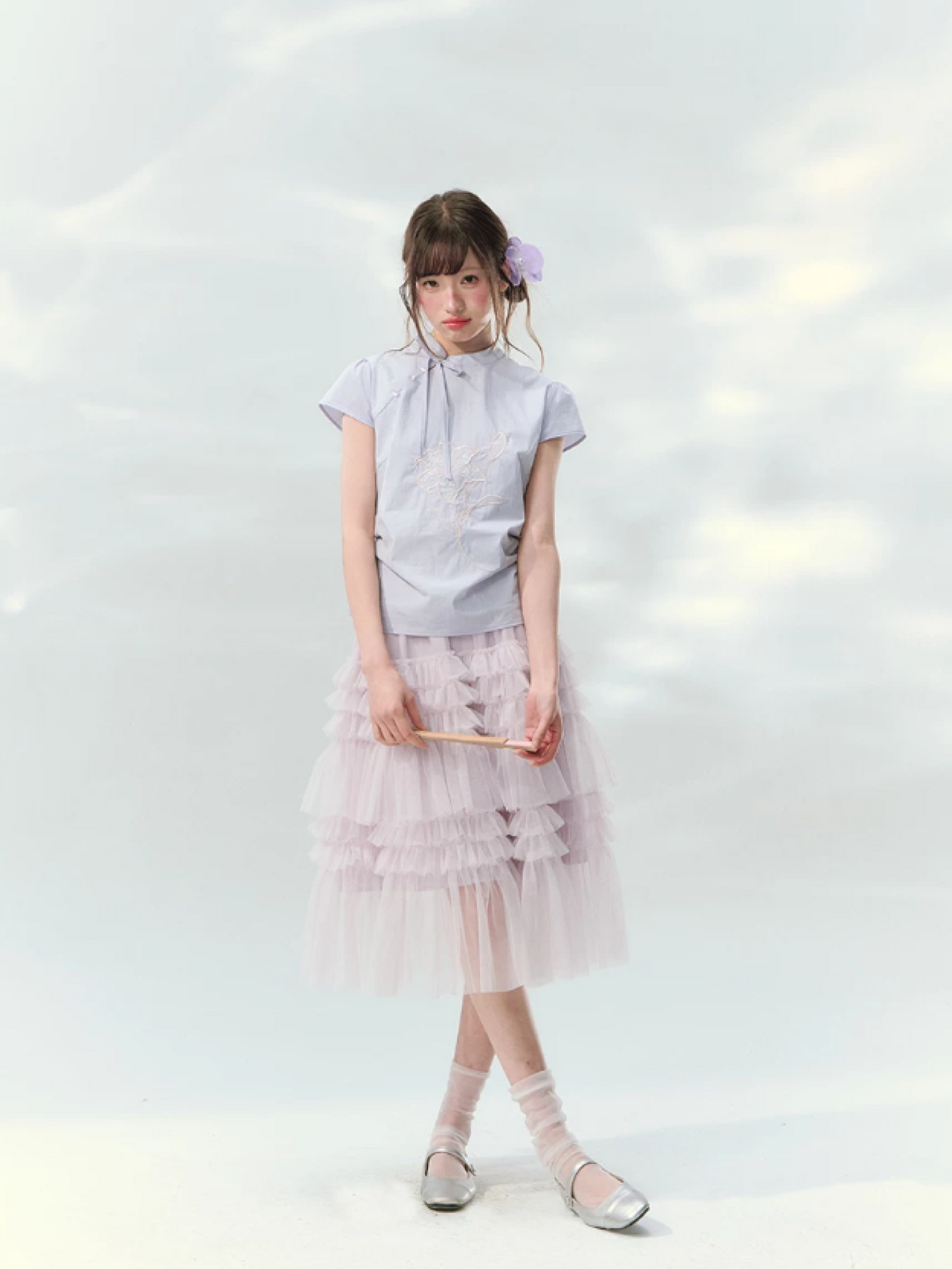 “Lilac Embroidered Whisper” Orchid Purple Mandarin Collar Blouse