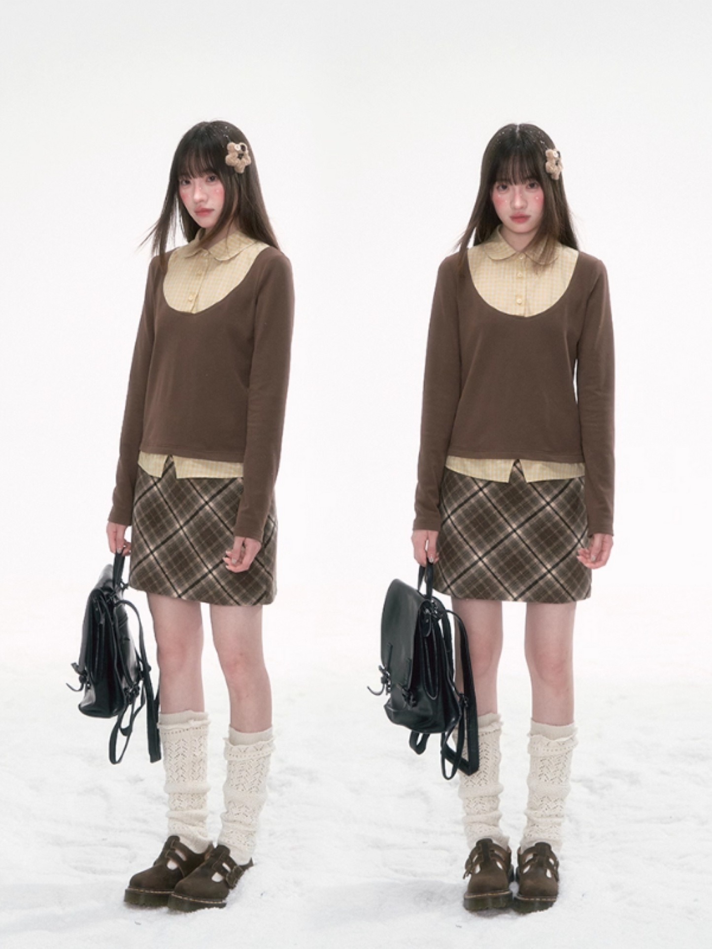 '格间絮语' Vintage Plaid Patchwork Knit Top – Brown/Yellow & Gray/Blue