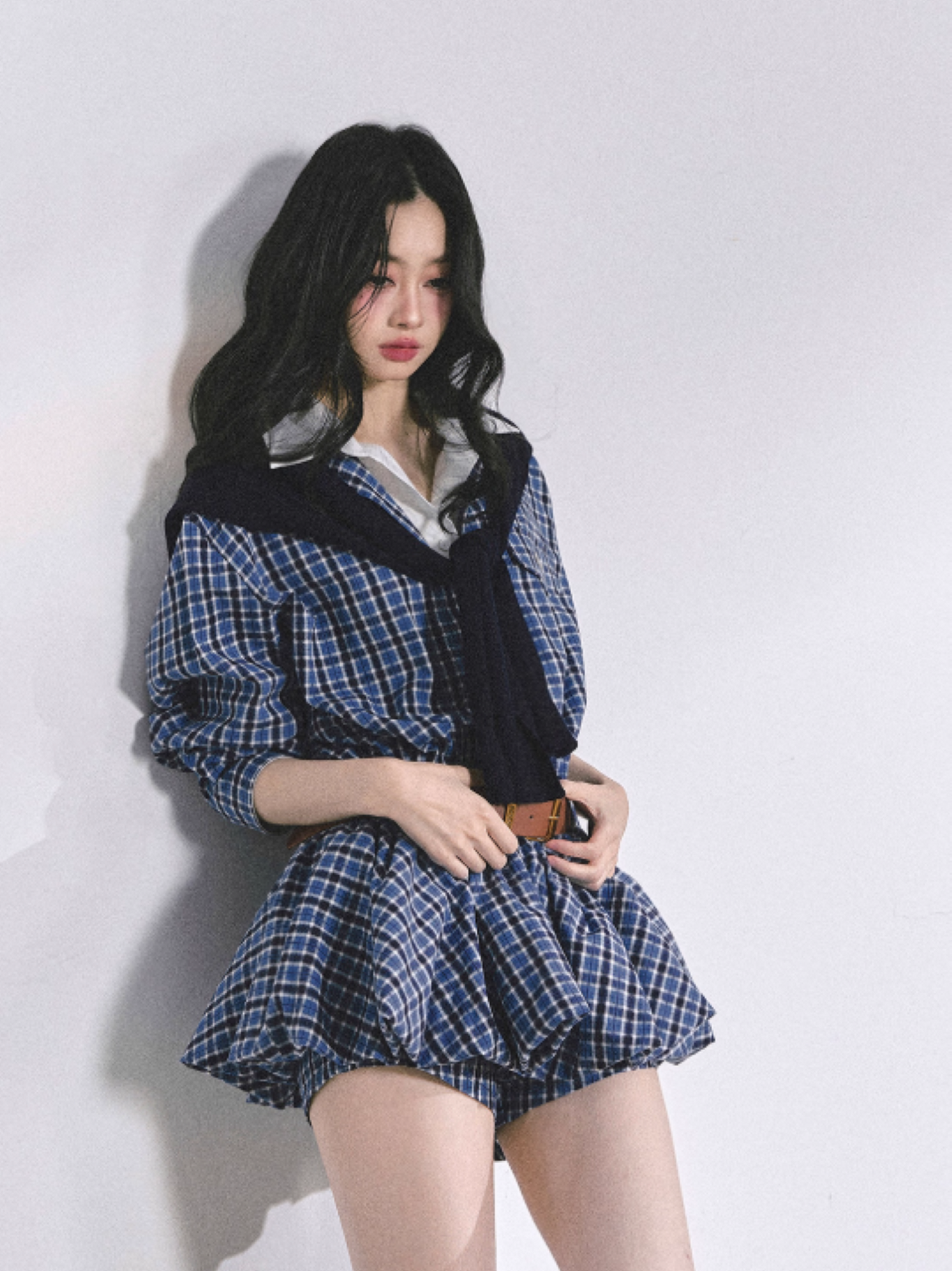 少也眼 Yale Preppy Puff Mini Dress Set with Shorts, Belt & Shawl (Navy)