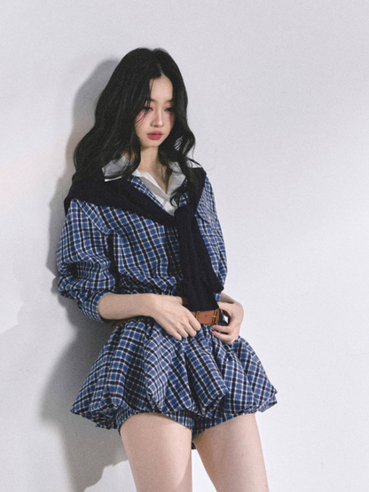 少也眼 Yale Preppy Puff Mini Dress Set with Shorts, Belt & Shawl (Navy)