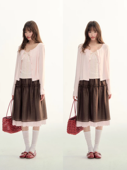 Soft Pink Lace Trim Knit Cami & Cardigan Set LL2026115