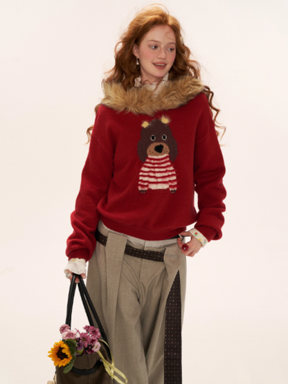 MAMC - Dog Fur-Trim Pullover Hoodie Sweater WE805 - Red
