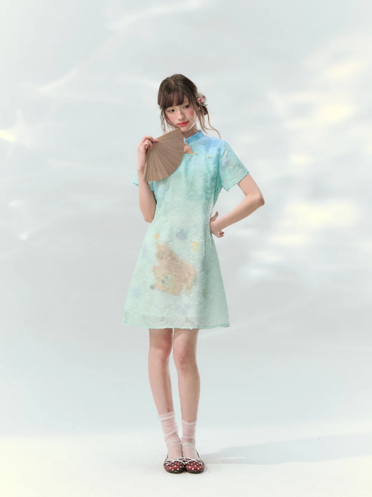 “Velvet Deer Whisper” Teal Deer Print Cheongsam Dress LL2026174