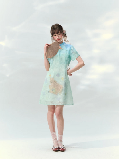 “Velvet Deer Whisper” Teal Deer Print Cheongsam Dress LL2026174