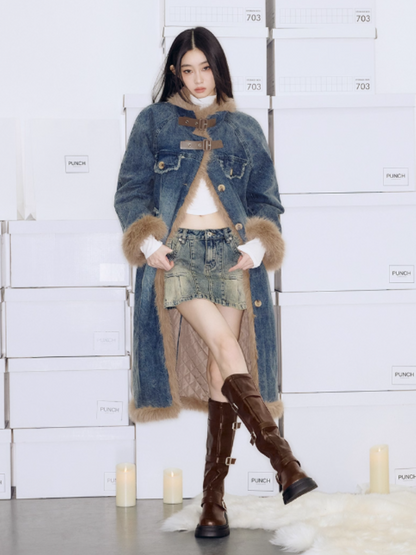 PCH - Long Cotton Coat with Plush and Washed Denim Panels