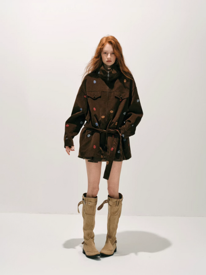 "秋风之廓" Embroidered Cotton Belted Trench Jacket