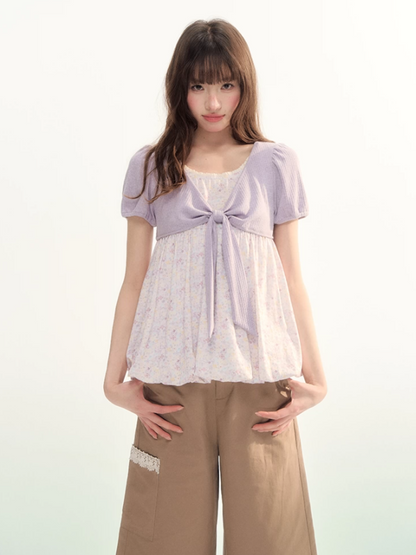 Floral Bow Puff Sleeve Bubble Top LL2026073