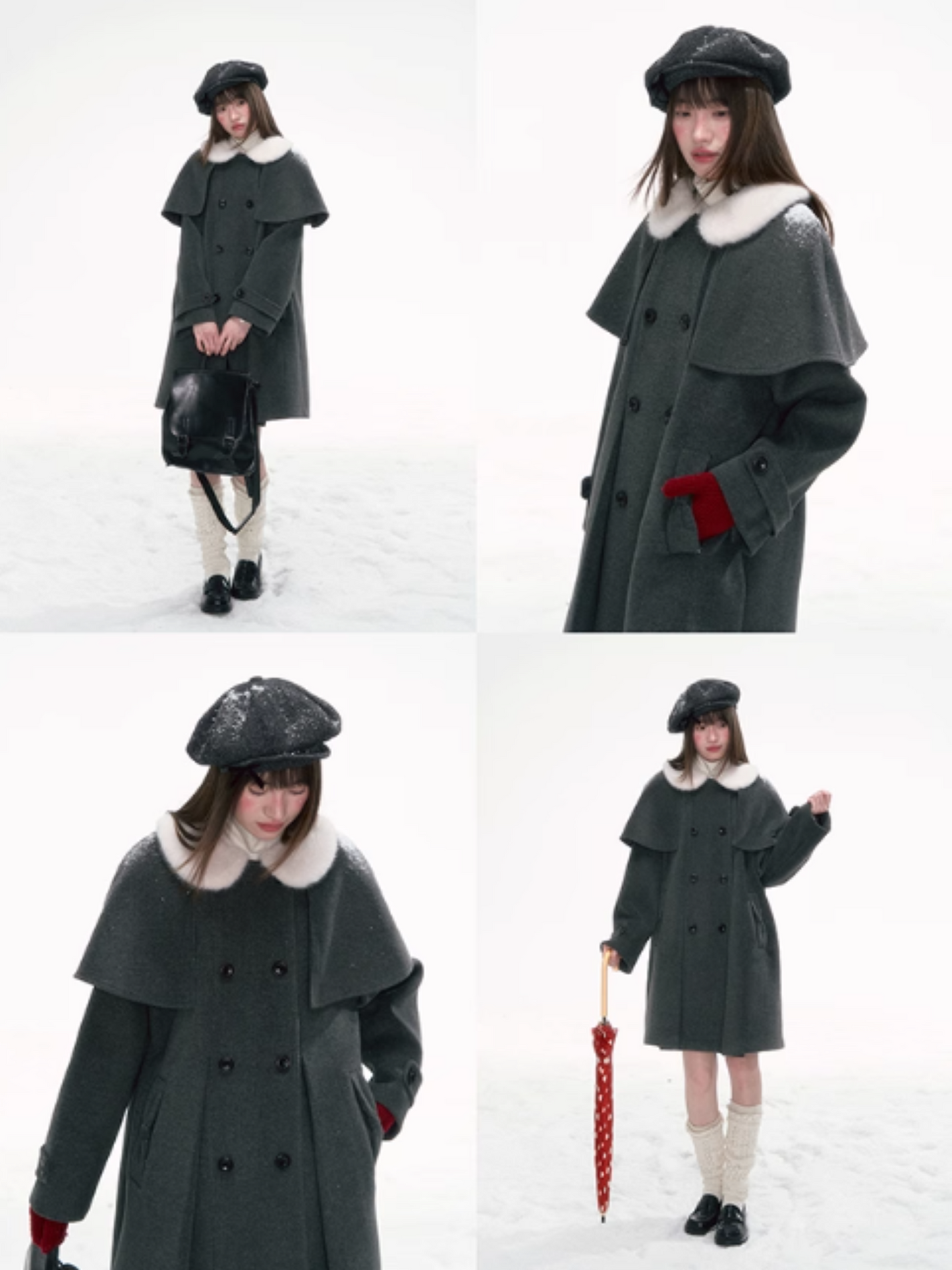 "英伦课表" Dark Gray Wool-Blend Coat with Detachable Cape