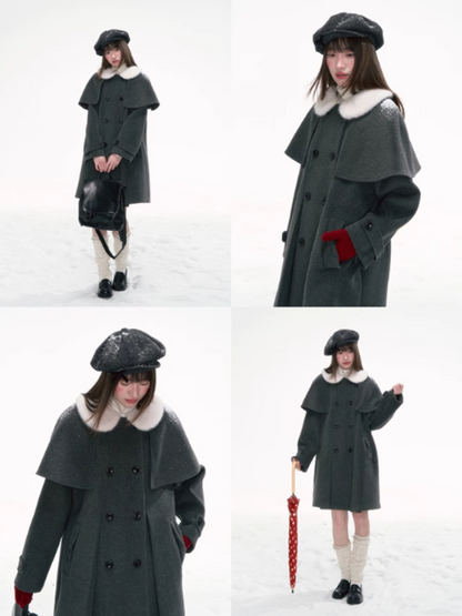 "英伦课表" Dark Gray Wool-Blend Coat with Detachable Cape