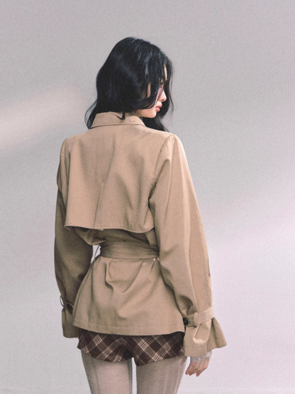 少也眼 Khaki Loose-Fit Jacket with Brown Skirt-Shorts Set