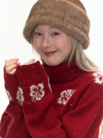 "Off-Season Garden" Red Jacquard Wool Turtleneck Knit Top LL2025304