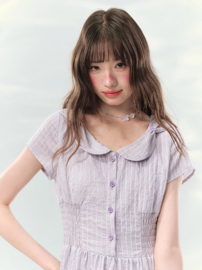 “Lavender Tea Mist” Lilac Stripe Puff Sleeve Dress LL2026137