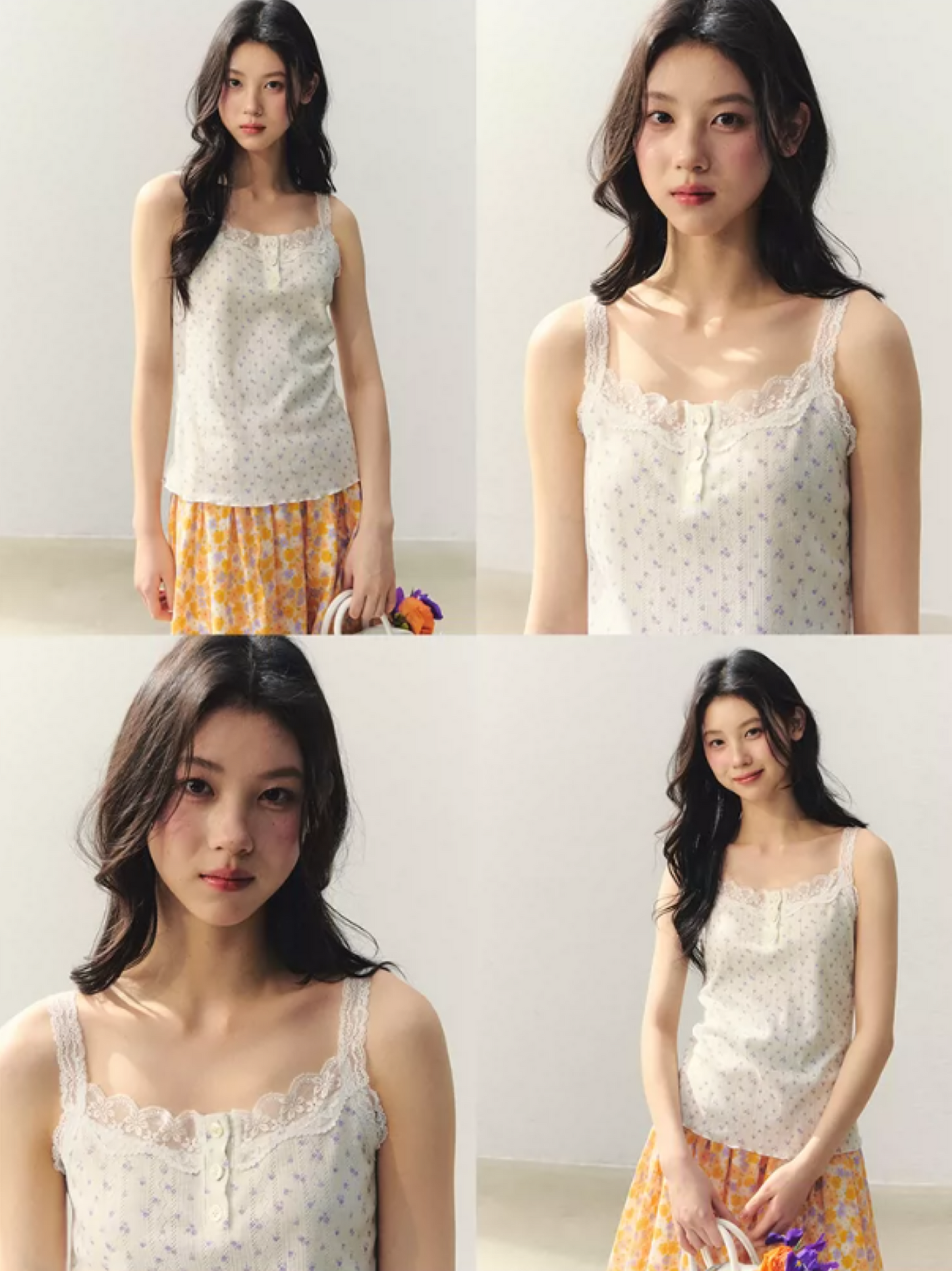 Citrus Bloom Lace Cami & Floral Pleated Skirt Set LL2026039