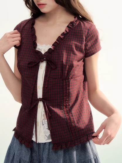 Red Plaid Lace Trim Tie-Front Blouse WW2026086