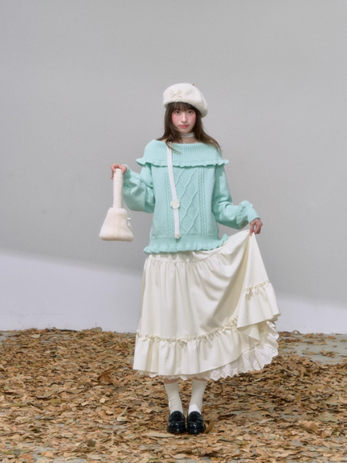 "薄荷云诗" Mint Green Korean Off-Shoulder Cable Knit Sweater