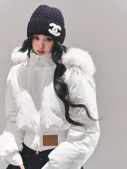 少也眼 Korean Preppy Short Puffer Jacket - White