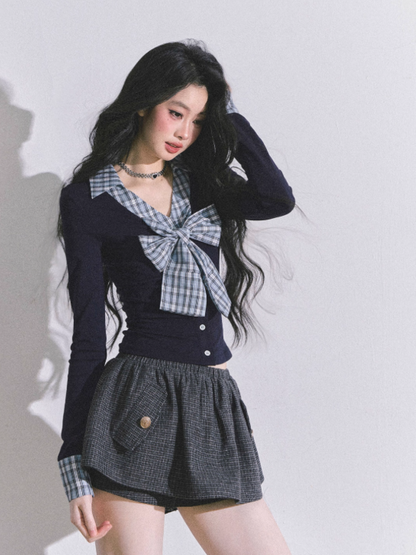 少也眼 Navy Blue Plaid Layered-Look Long Sleeve T-Shirt with Bow