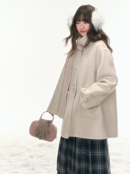 "Morning Verse & Night Poem" Reversible Wool Two-Tone Overcoat - Pink × White LL2025455