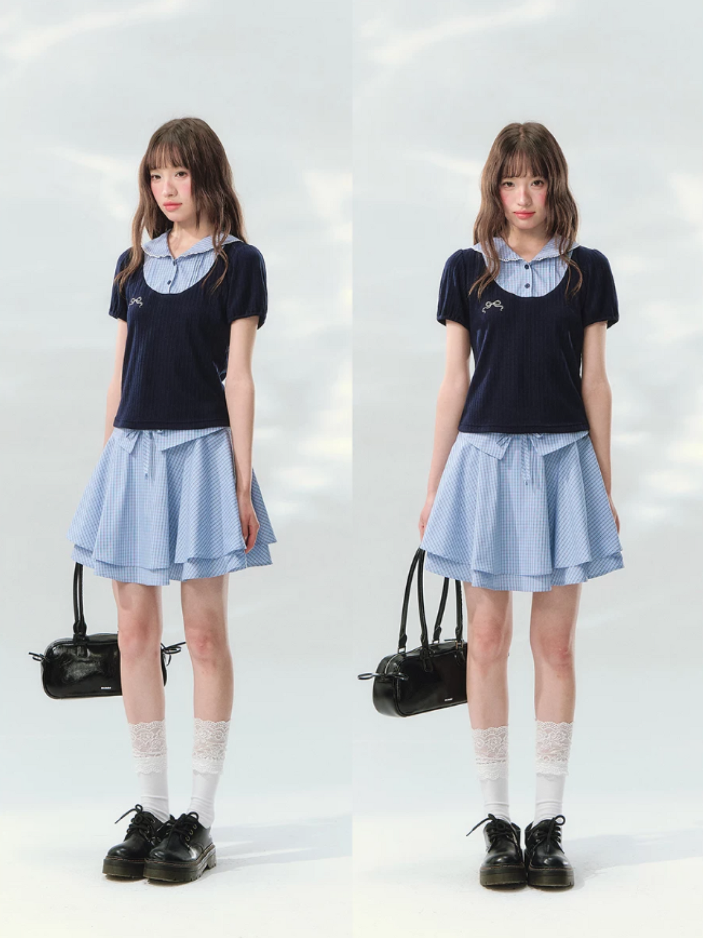 “Milk Candy Academy” Navy Plaid Collar Skirt Set LL2026147