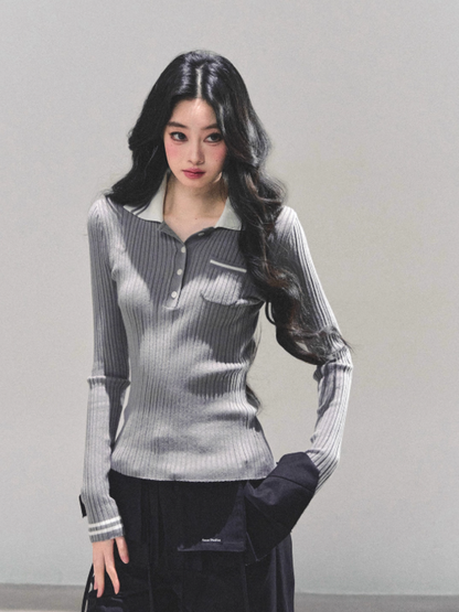 "温蒂的信" Classic Polo Collar Knit Top - Gray