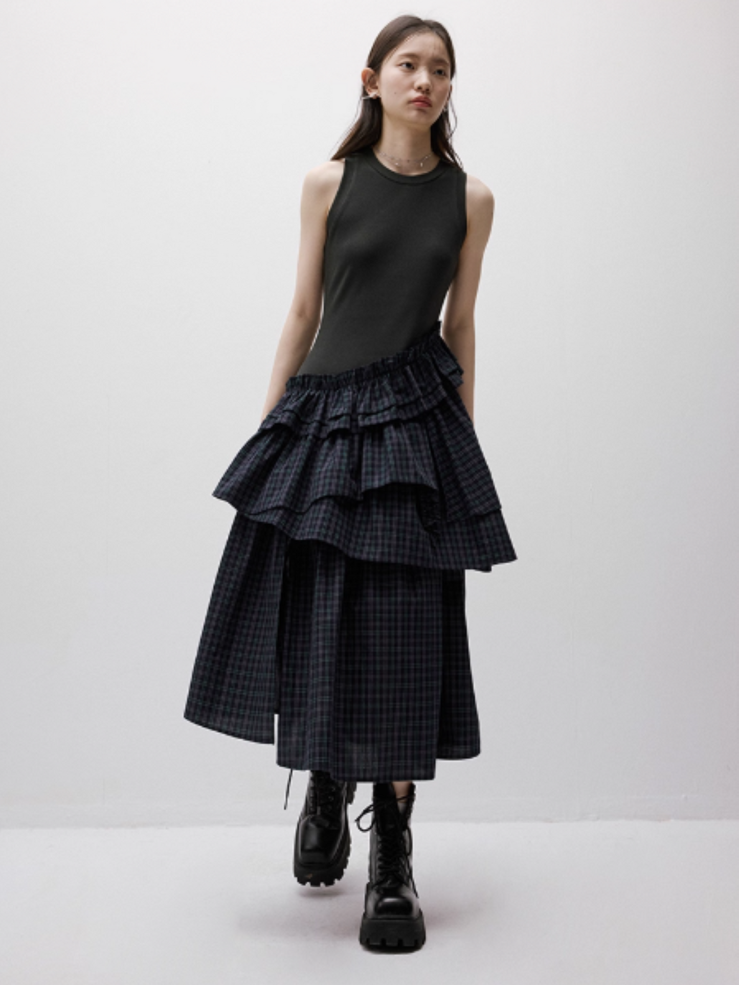 FUSSED Layered Asymmetric Patchwork Dress – British Blue Green FOF-25SS032