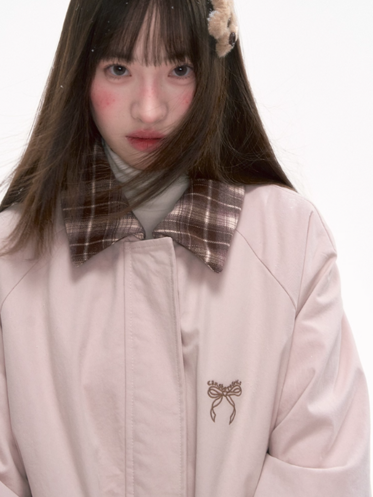 [CAN] Pink Contrast-Collar Padded Jacket with Plaid Detail