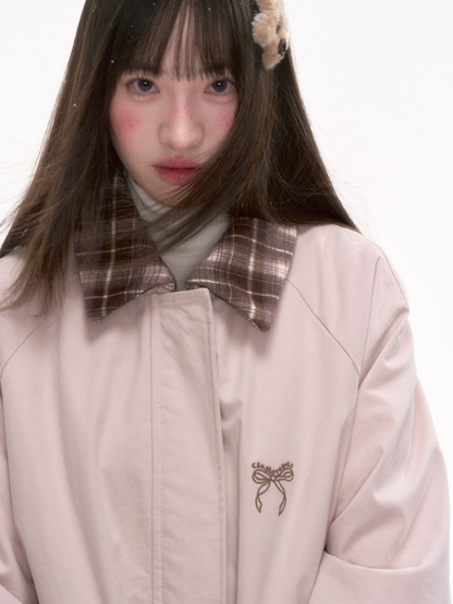 [CAN] Pink Contrast-Collar Padded Jacket with Plaid Detail