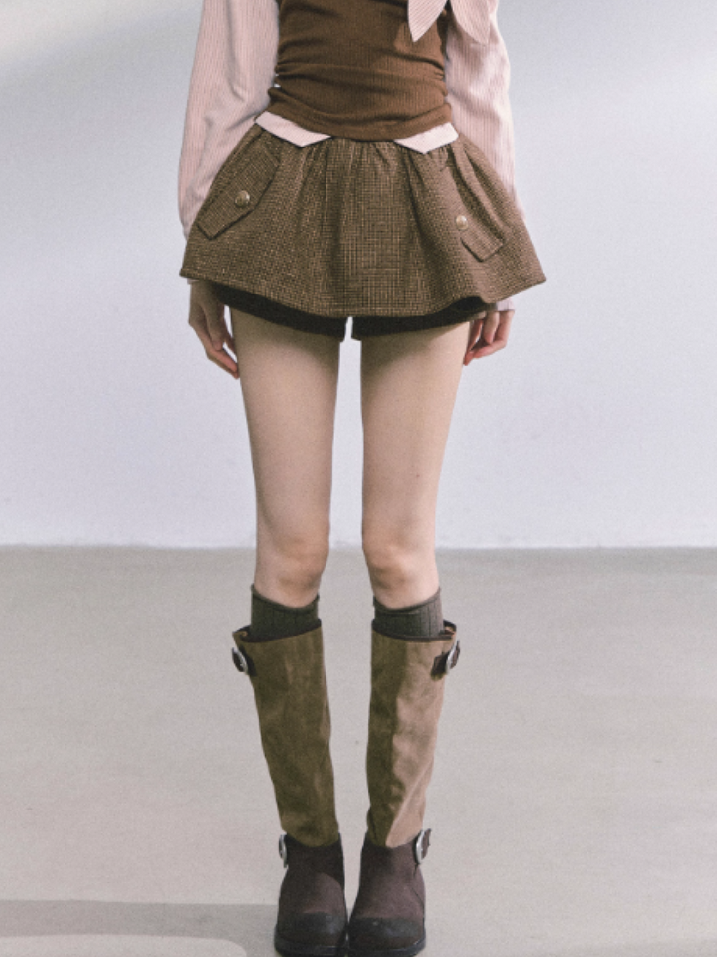 少也眼 French Plaid Woolen High-Waist A-Line Mini Skirt – Gray/ Coffee