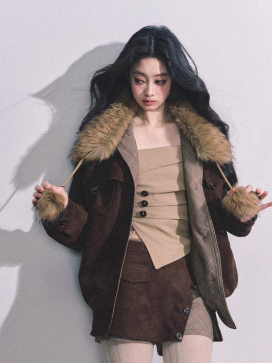 少也眼 Miu-Style Two-Piece Set – French Hepburn Jacket & Plaid Mini Skirt (Brown)