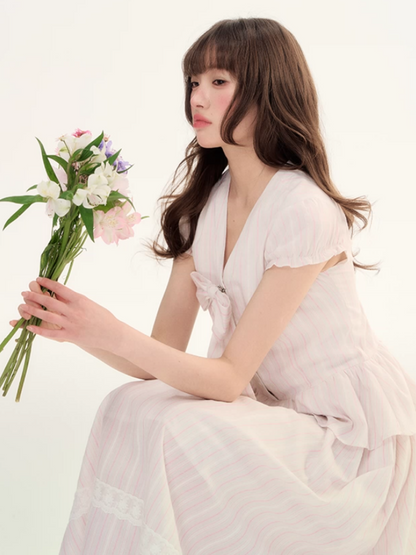 Pink Stripe Bow Detail Midi Dress LL2026080