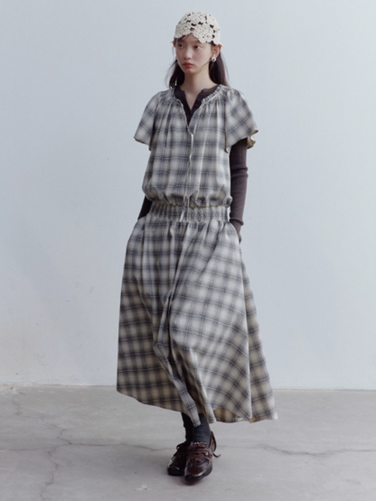 FUSSED Berlin Street Gathered & Panel Dress – Black & White Dupling Check FOF-25SS150