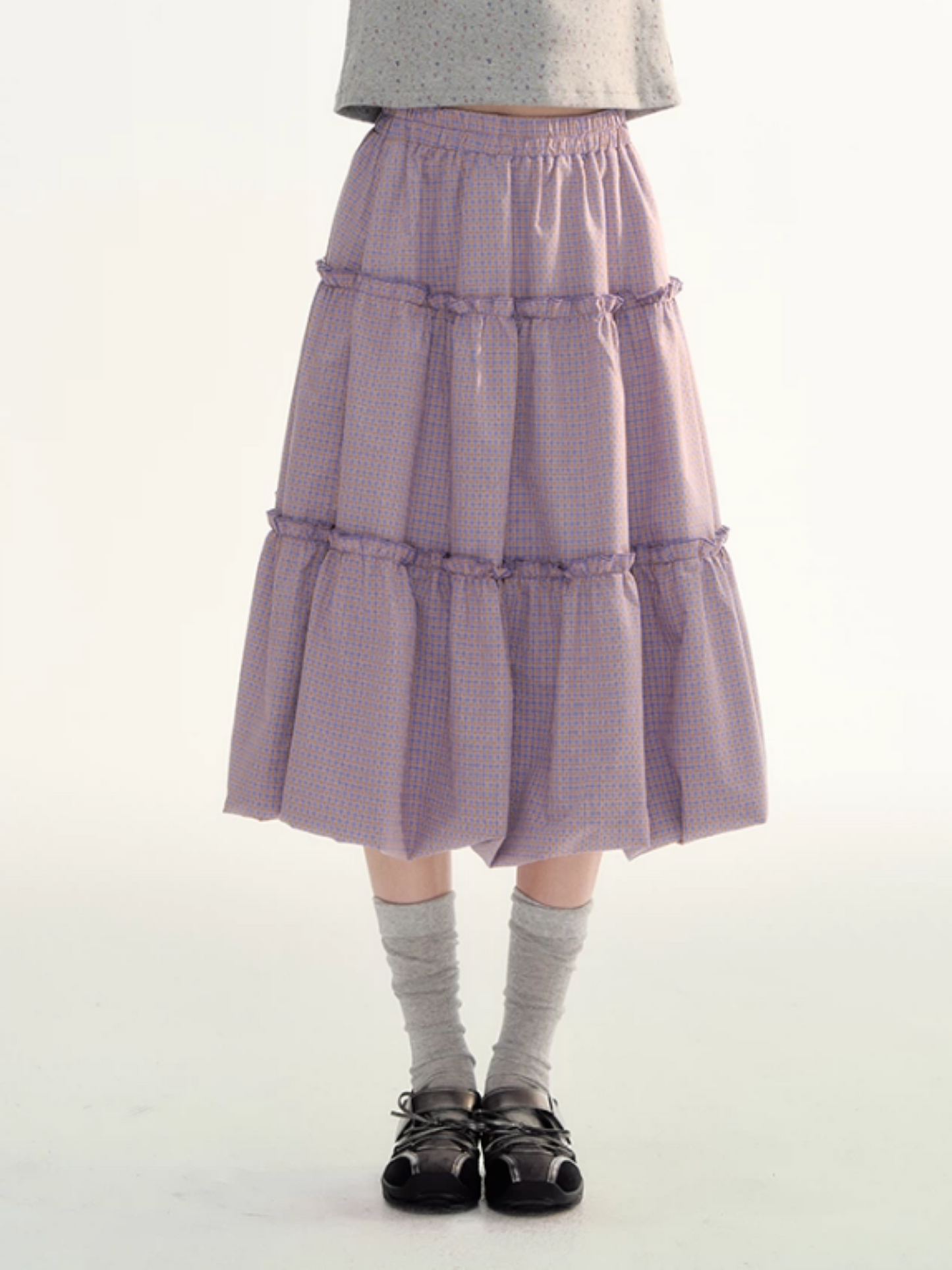 Lavender Plaid Bubble Top & Tiered Skirt Set SJ2026091