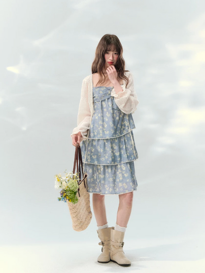 “Blue Mist Petals” Dusty Blue Floral Tiered Mini Dress LL2026120