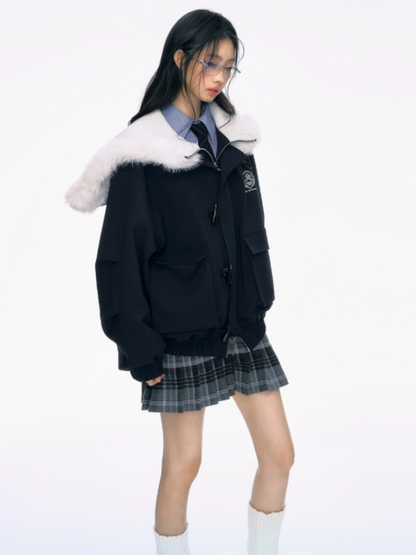 PCH - Navy Blue Padded Jacket with Faux Fur Collar