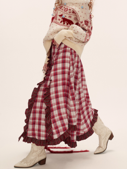 Asymmetrical Plaid Maxi Skirt with Ruffle Hem WE814 (Red)
